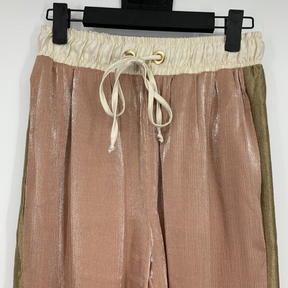 Zara Jogger Pants Pink Satin Metallic Drawstring Pull On Pockets - Picture 3 of 11